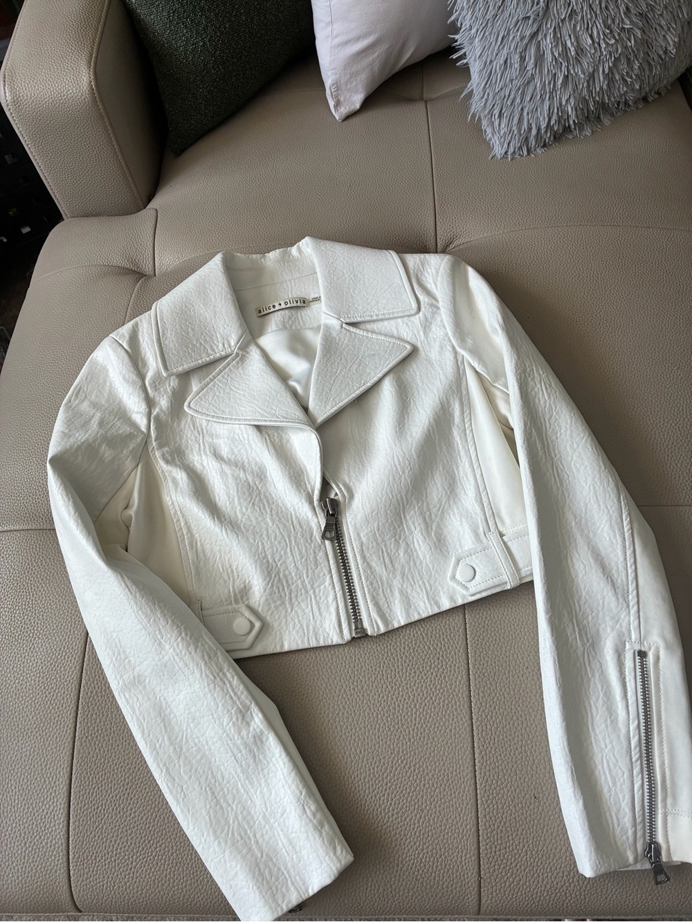 Alice + Olivia Cropped White Leather Moto Jacket